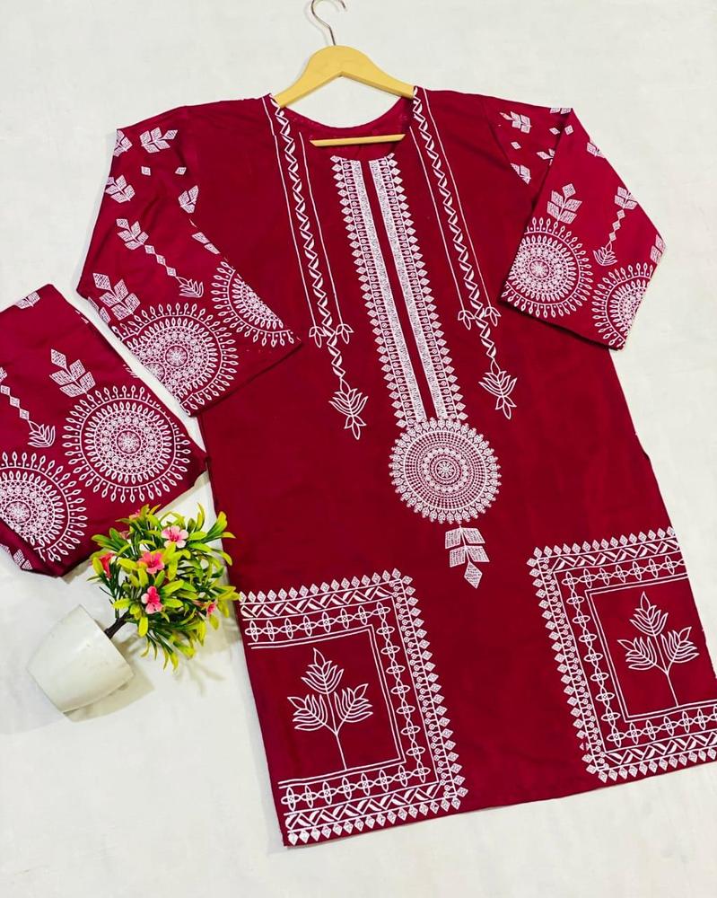 2 Pcs Women's Stitched Linen Embroidered Suit