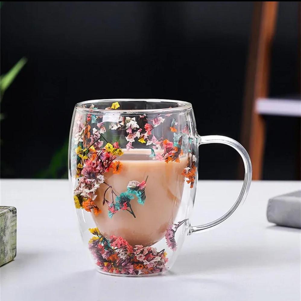 Double Glass Artificial flowers Transparent Cofee Mug - 350ml