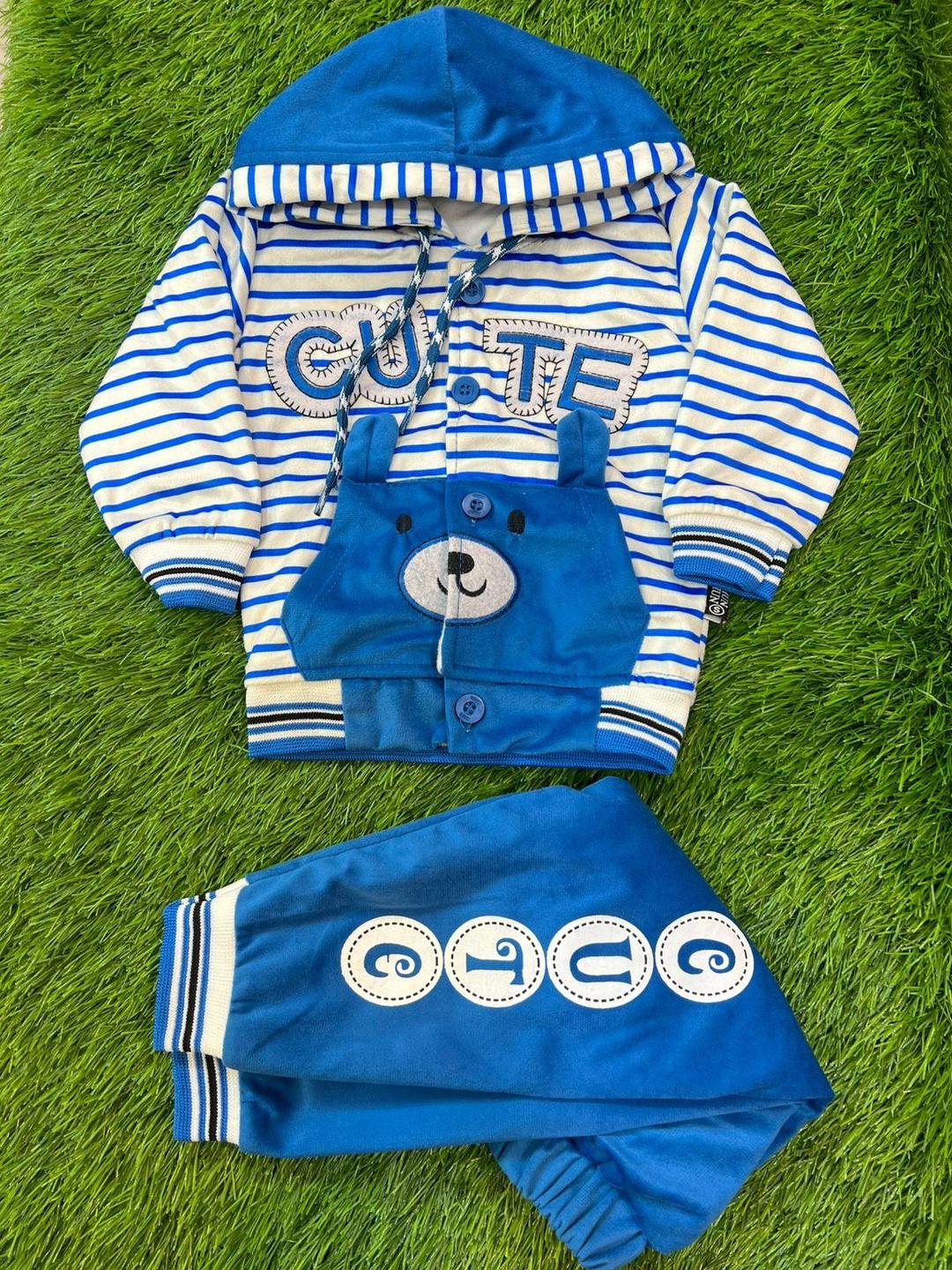 Charming Blue Velvet Shirt and Trouser Set For Baby Boys 2Pc