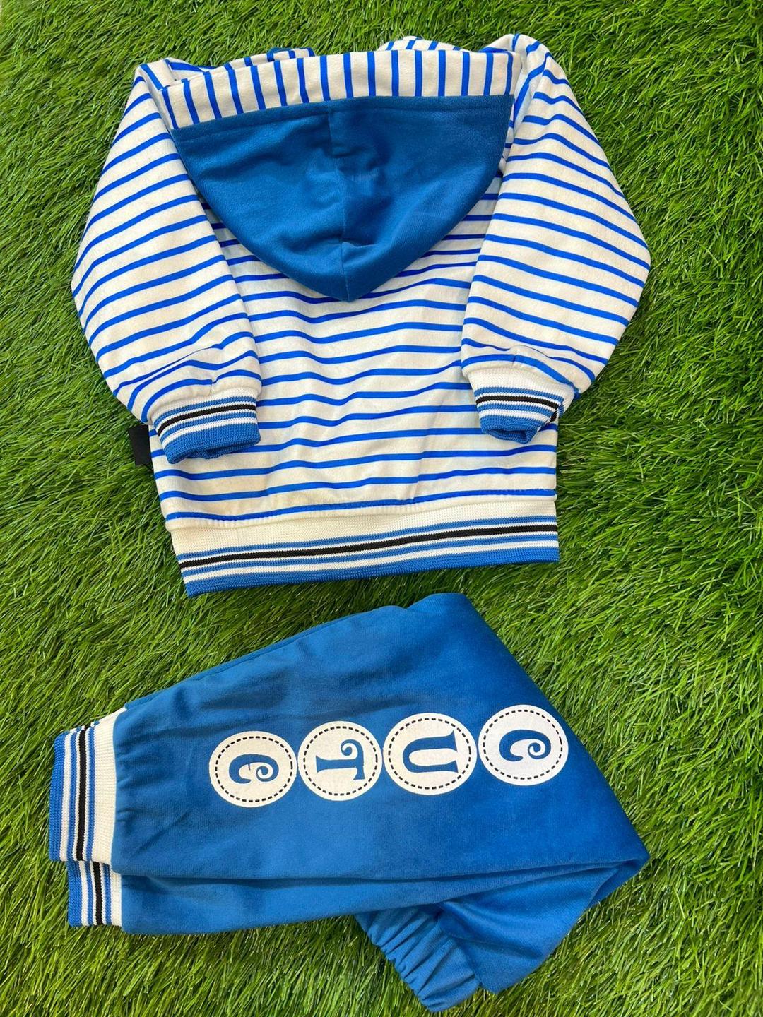 Charming Blue Velvet Shirt and Trouser Set For Baby Boys 2Pc