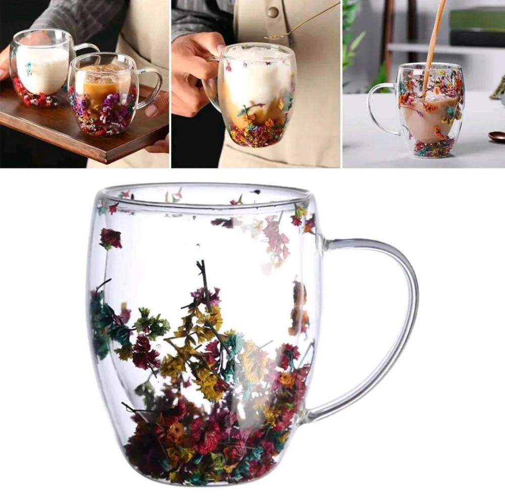 Double Glass Artificial flowers Transparent Cofee Mug - 350ml